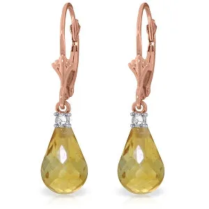 14K Solid Rose Gold Leverback Earrings Diamond & Citrine