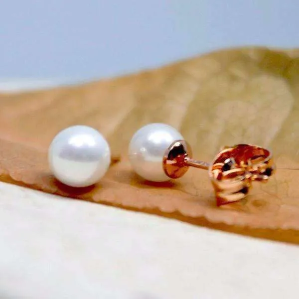 18K Rose Gold Plated Little White Pearls 6 mm Simulated Pearl Stud Earrings for Woman