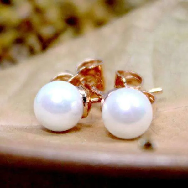 18K Rose Gold Plated Little White Pearls 6 mm Simulated Pearl Stud Earrings for Woman