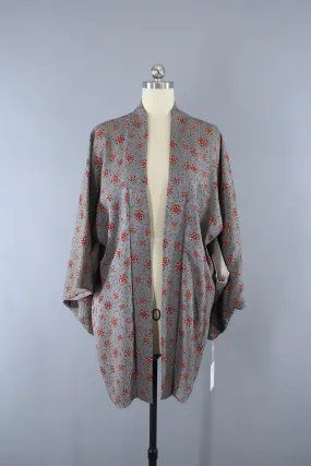 1940s Vintage Silk Haori Kimono Jacket with Grey Pinwheel Novelty Print