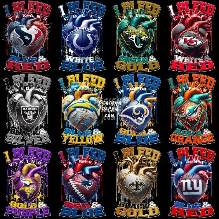 32 I Bleed Heart Football Teams Designs Bundle PNG