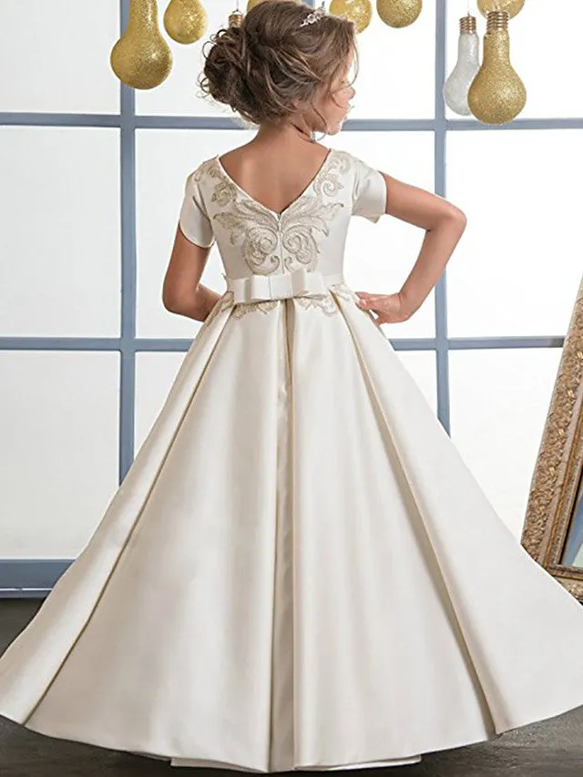 A-Line Jewel Neck Satin Wedding Birthday Pageant Flower Girl Dresses