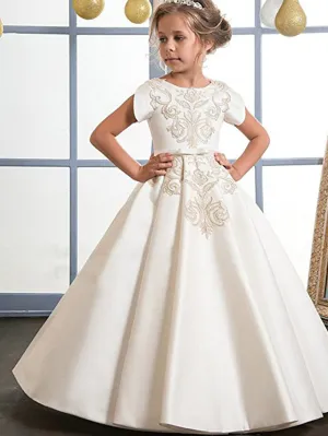 A-Line Jewel Neck Satin Wedding Birthday Pageant Flower Girl Dresses