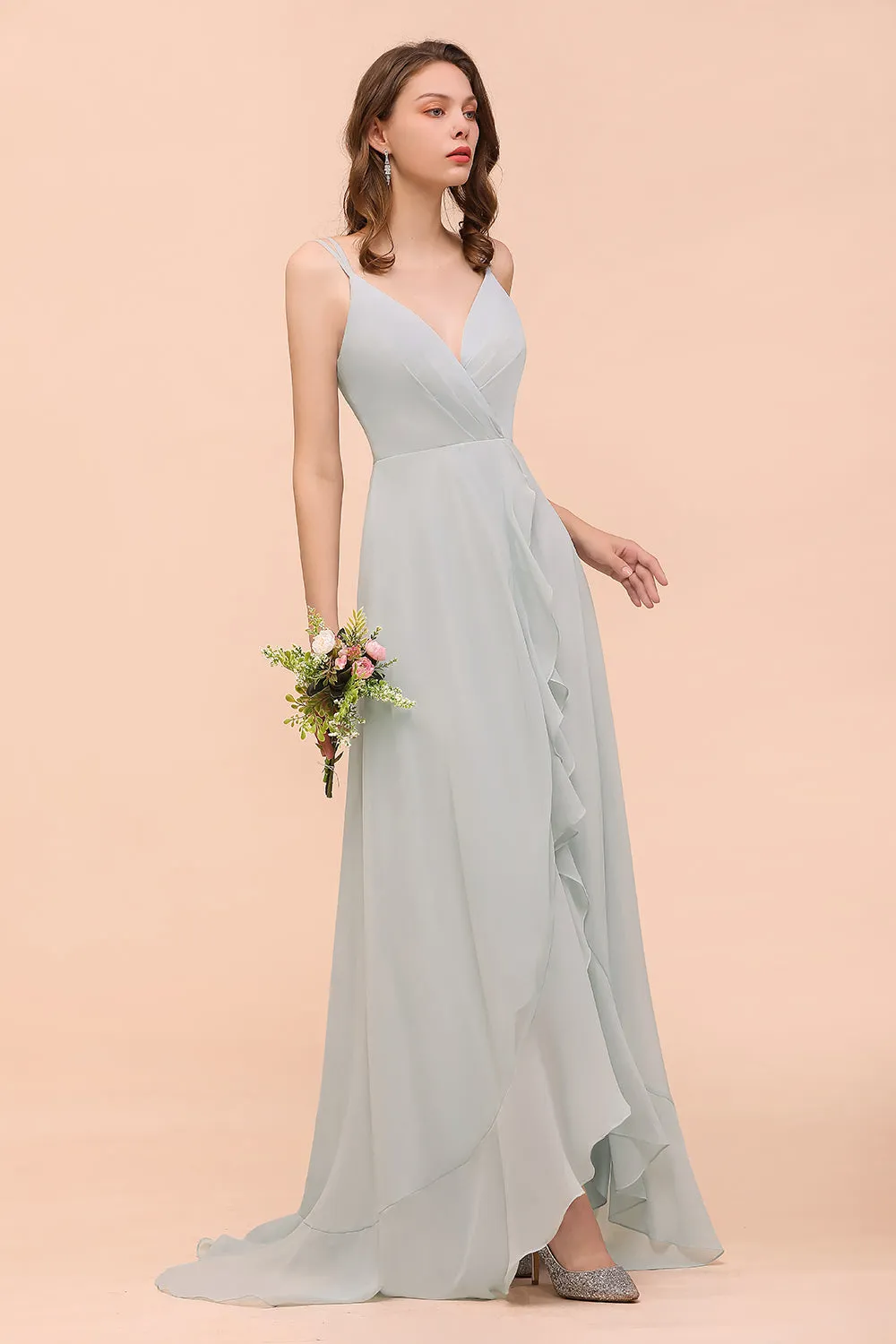 Affordable High Low A-line V-neck Chiffon Bridesmaid Dress