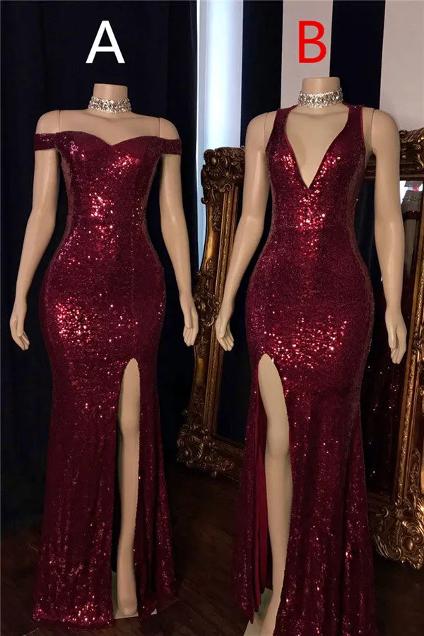 Affordable Long Mermaid Off-the-shoulder Sequined Prom Dress with Slit