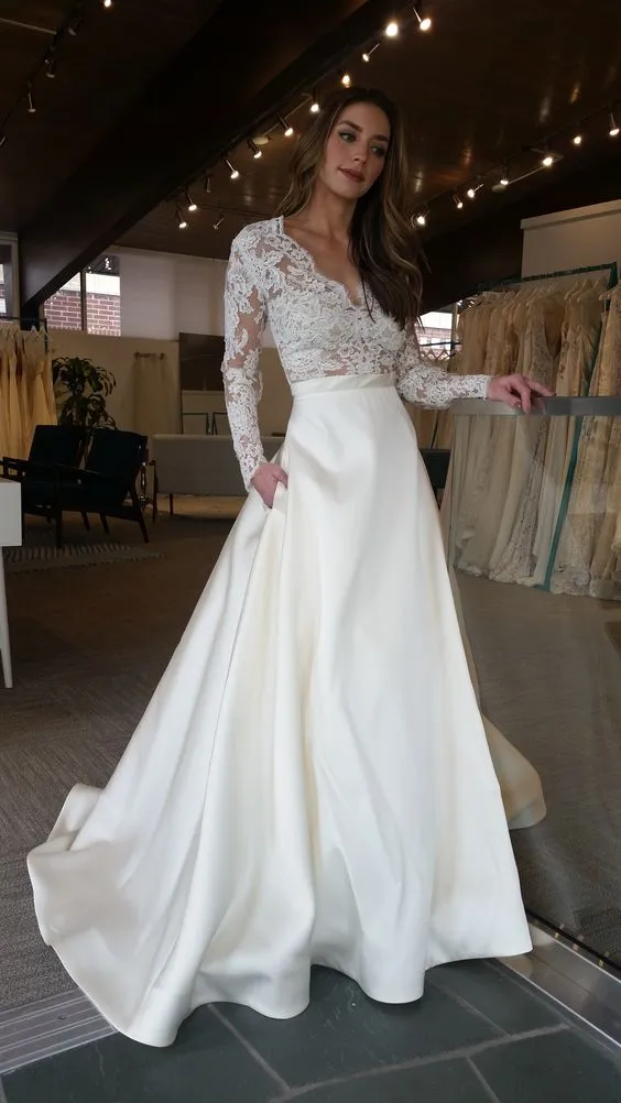 Affordable Long Sleeves Ivory Lace V Neck Elegant Cheap Long Wedding Dresses, WG668