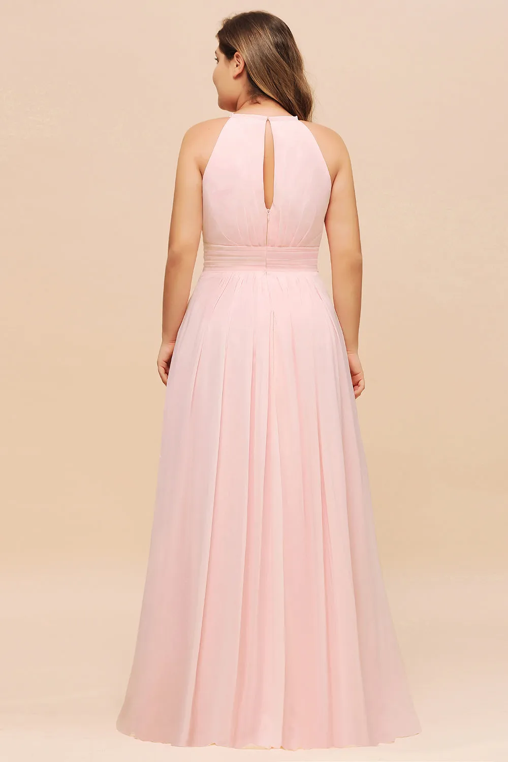 Affordable Pink Long Halter Chiffon Plus Size Bridesmaid Dress