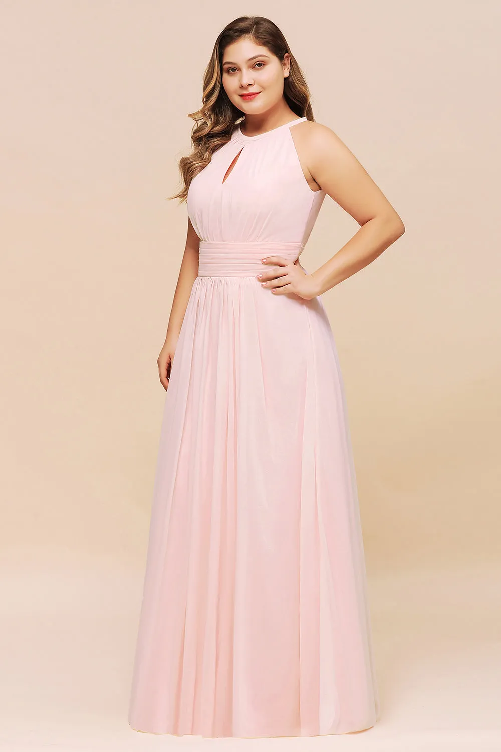 Affordable Pink Long Halter Chiffon Plus Size Bridesmaid Dress