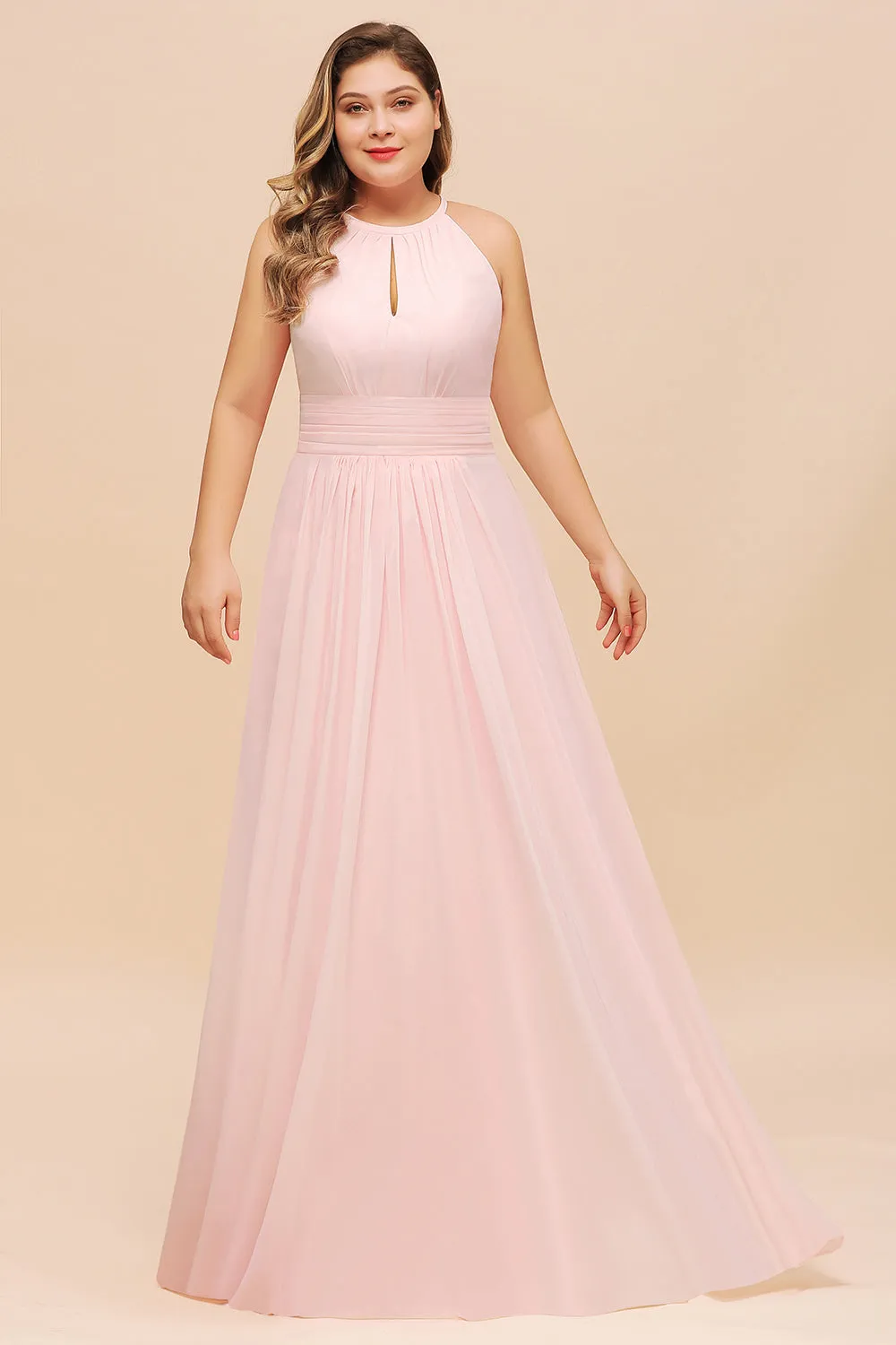 Affordable Pink Long Halter Chiffon Plus Size Bridesmaid Dress