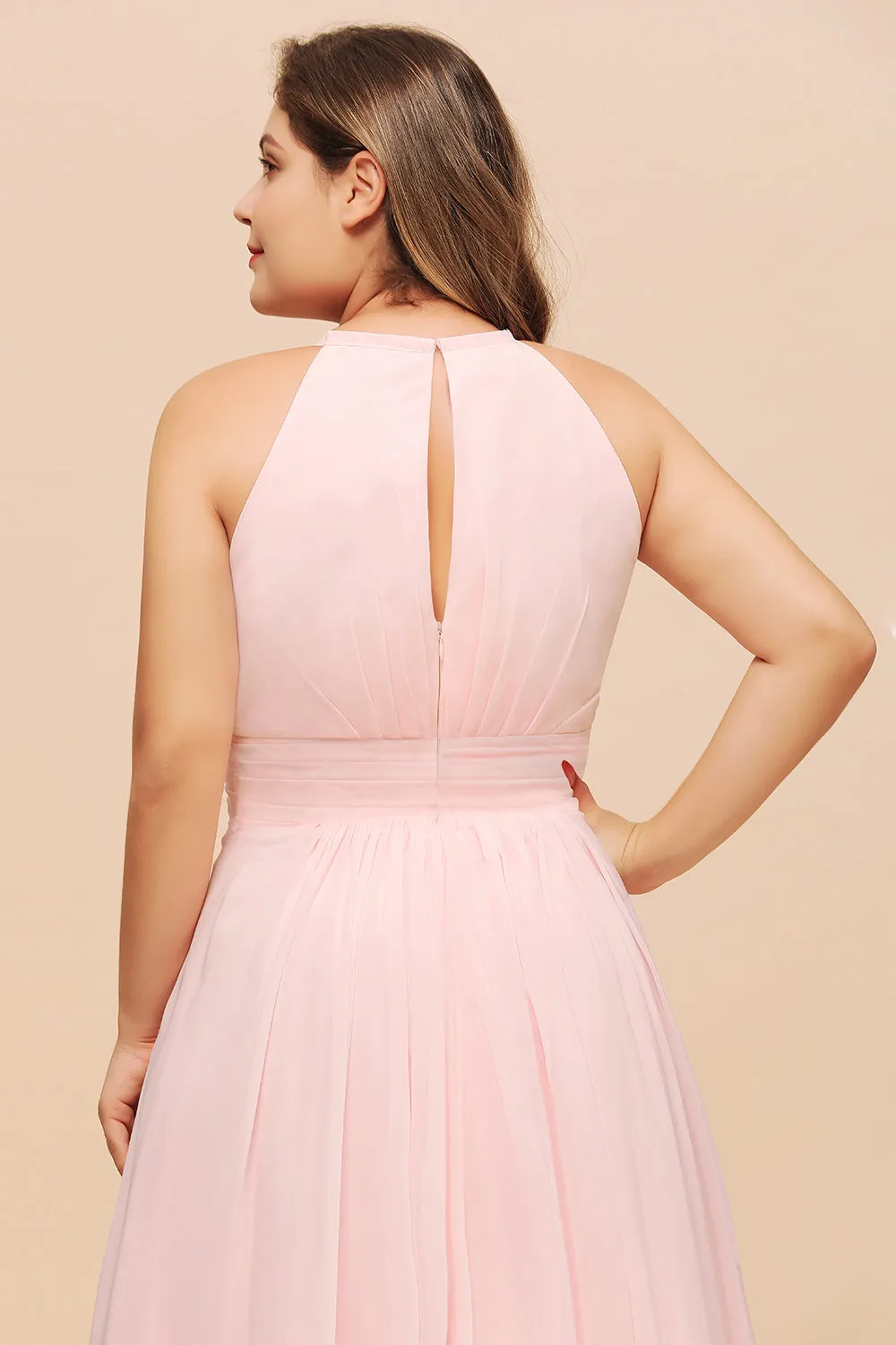 Affordable Pink Long Halter Chiffon Plus Size Bridesmaid Dress