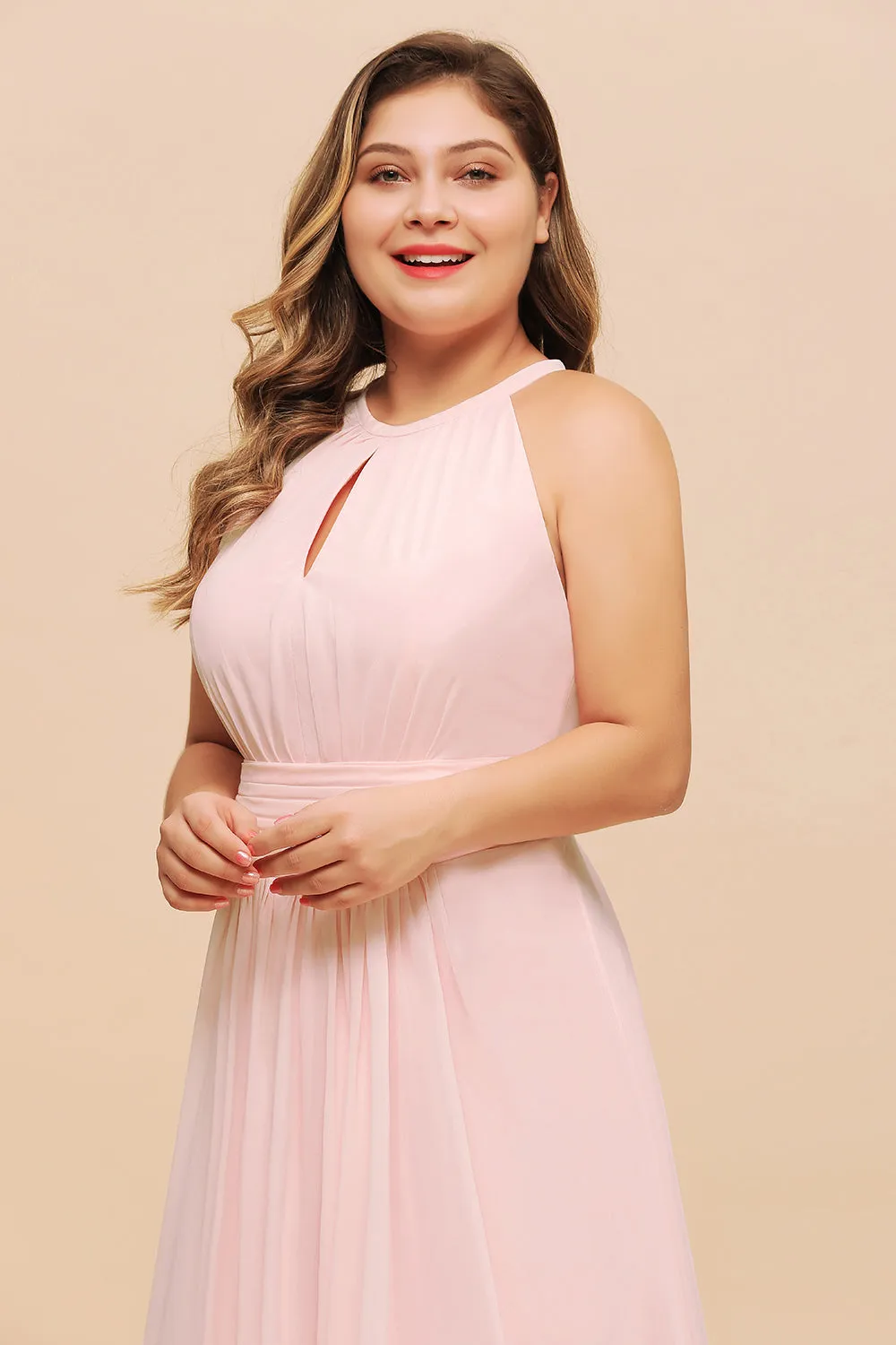 Affordable Pink Long Halter Chiffon Plus Size Bridesmaid Dress