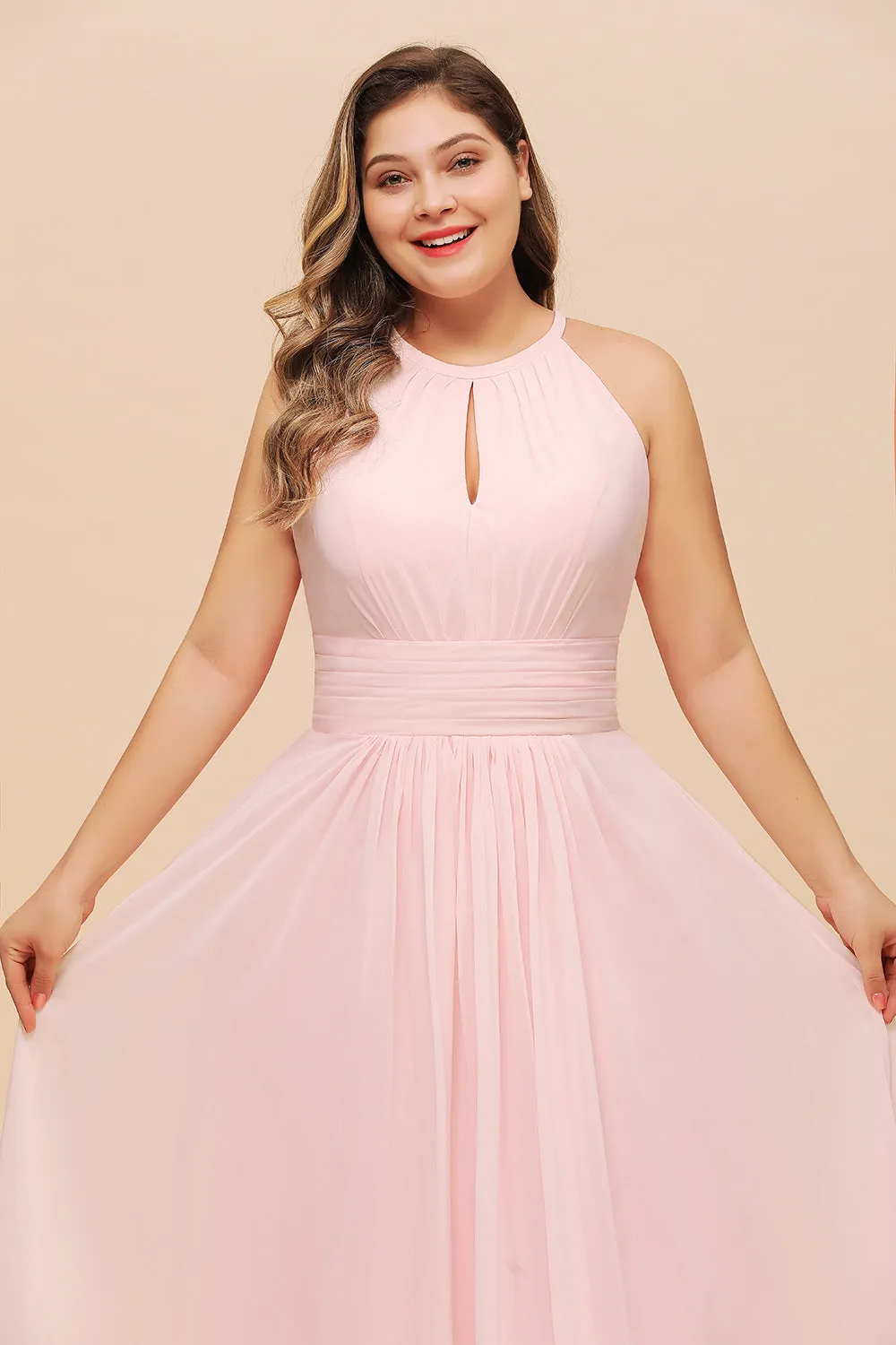 Affordable Pink Long Halter Chiffon Plus Size Bridesmaid Dress