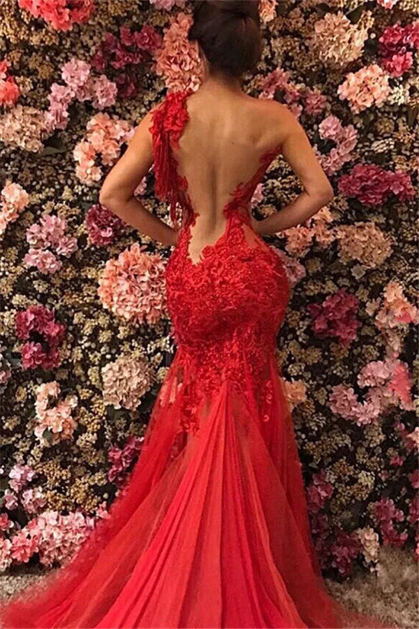 Affordable Red Long Mermaid One Shoulder Tulle Lace Prom Dress