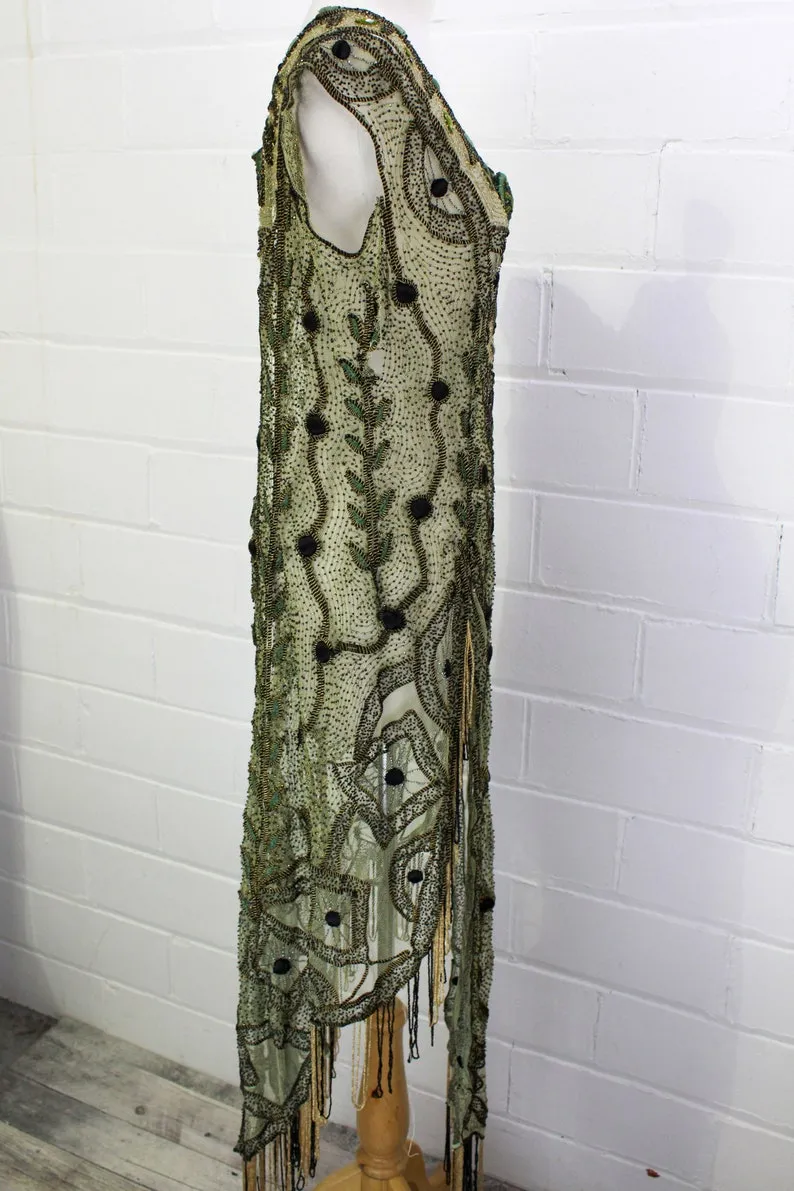 Antique Edwardian 1910s Beaded Green Net Overdress/ Tabard, Small