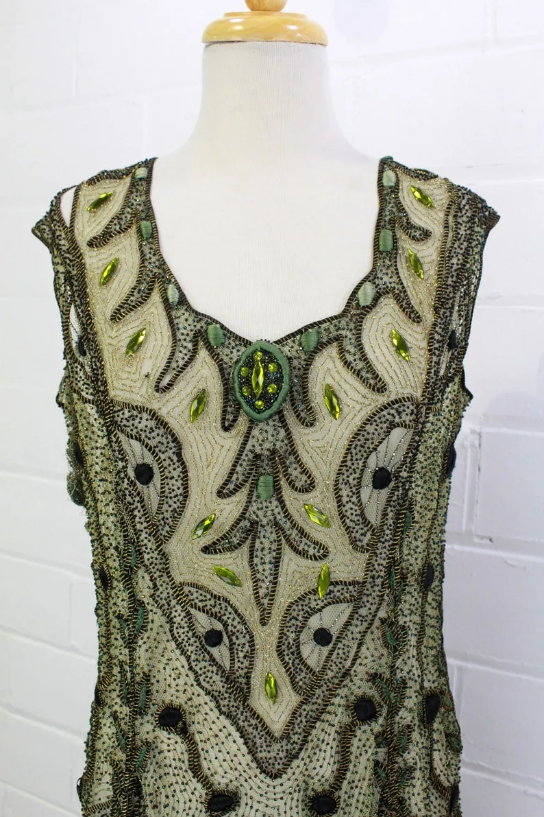 Antique Edwardian 1910s Beaded Green Net Overdress/ Tabard, Small