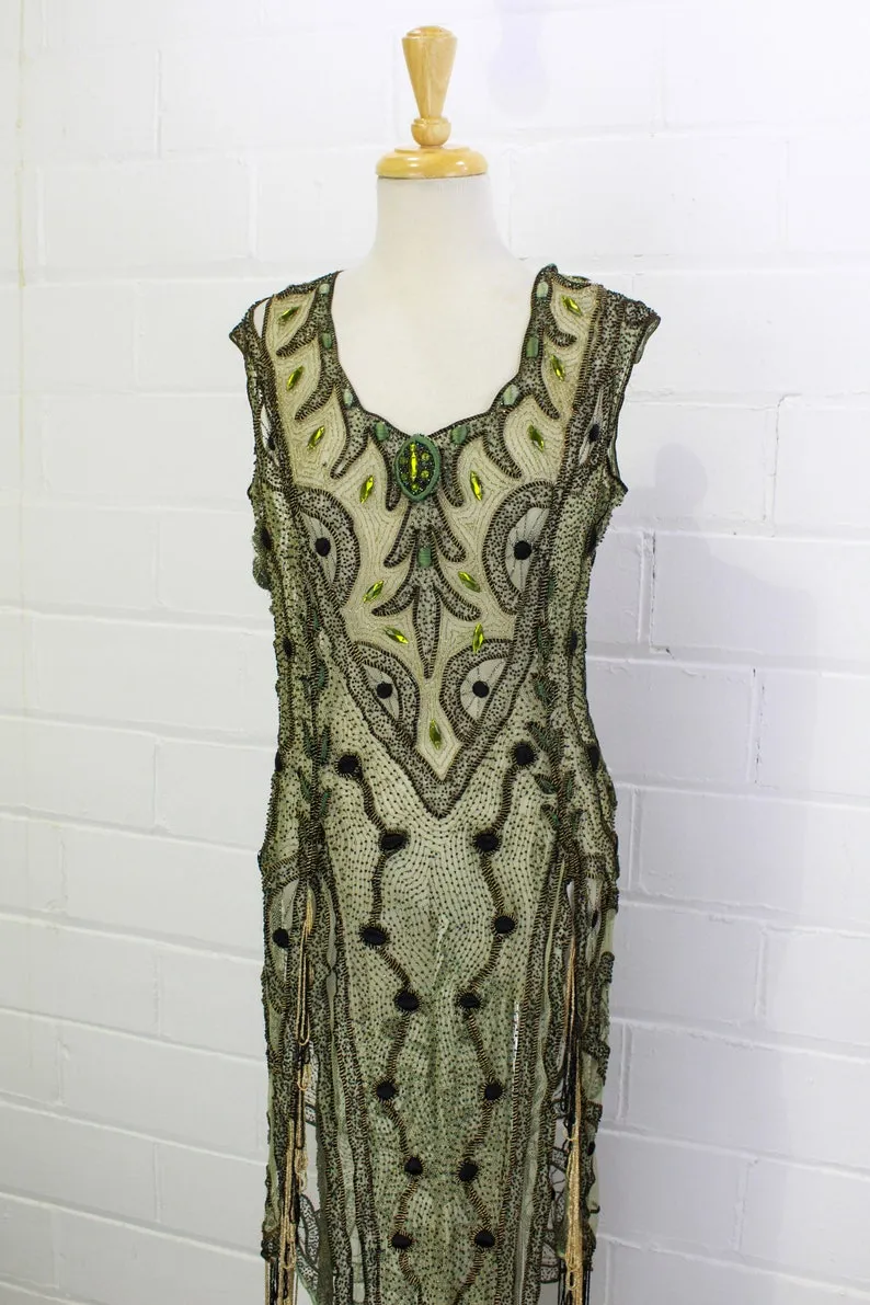 Antique Edwardian 1910s Beaded Green Net Overdress/ Tabard, Small