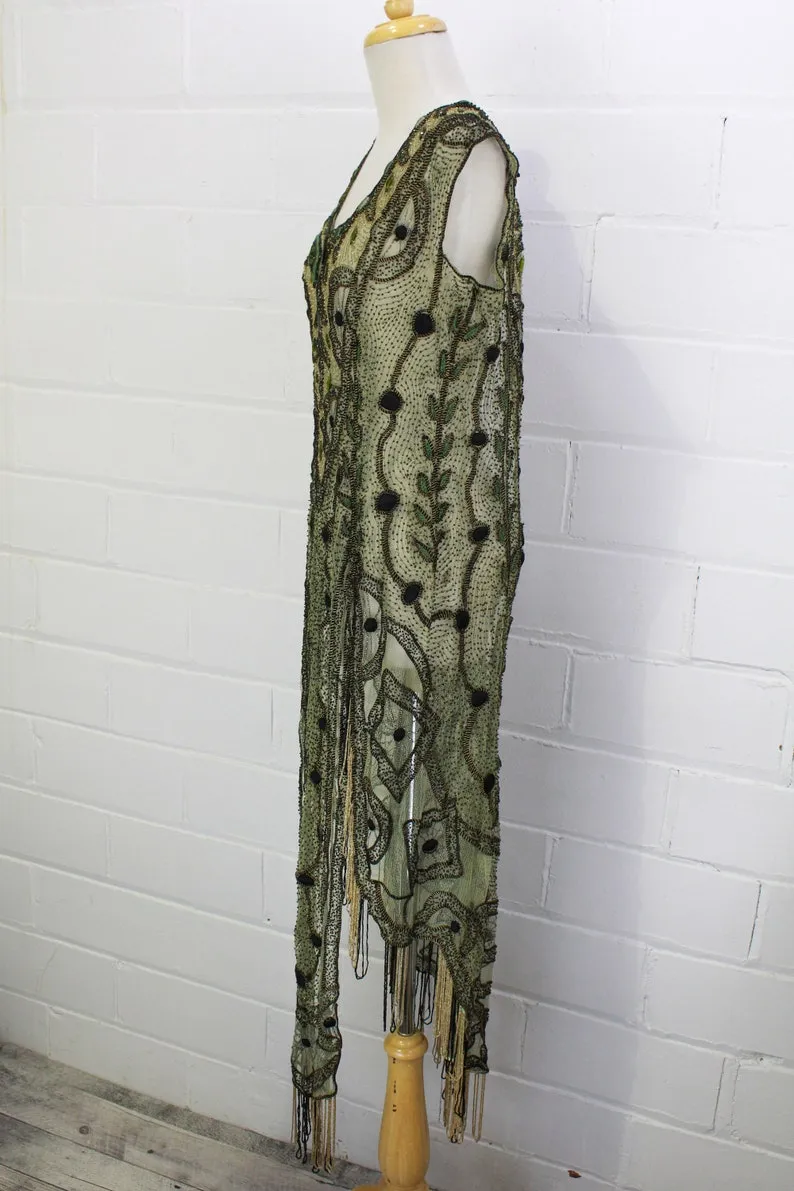 Antique Edwardian 1910s Beaded Green Net Overdress/ Tabard, Small