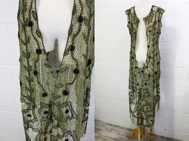 Antique Edwardian 1910s Beaded Green Net Overdress/ Tabard, Small