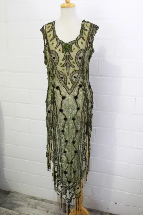 Antique Edwardian 1910s Beaded Green Net Overdress/ Tabard, Small