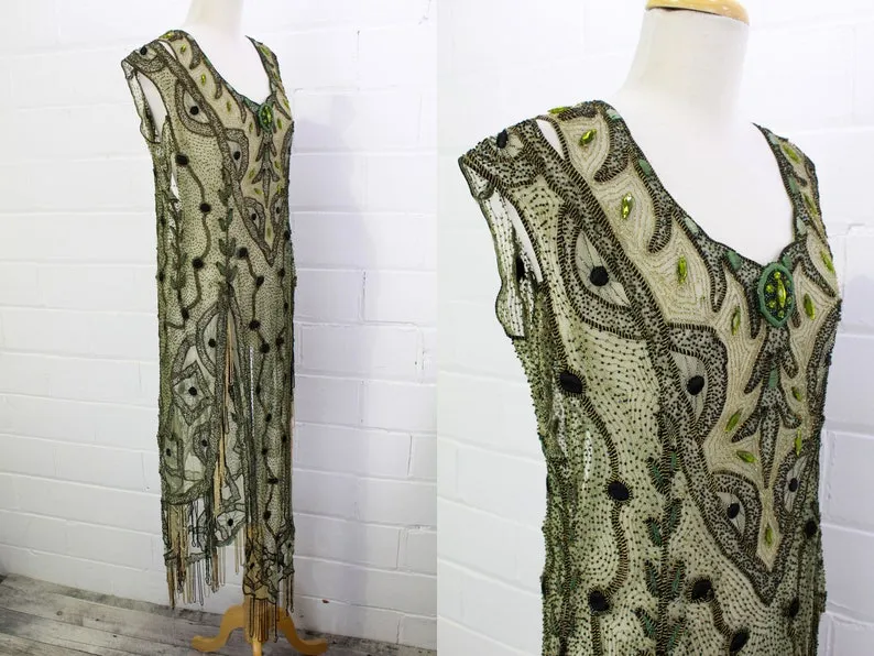 Antique Edwardian 1910s Beaded Green Net Overdress/ Tabard, Small