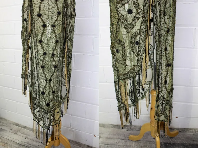 Antique Edwardian 1910s Beaded Green Net Overdress/ Tabard, Small