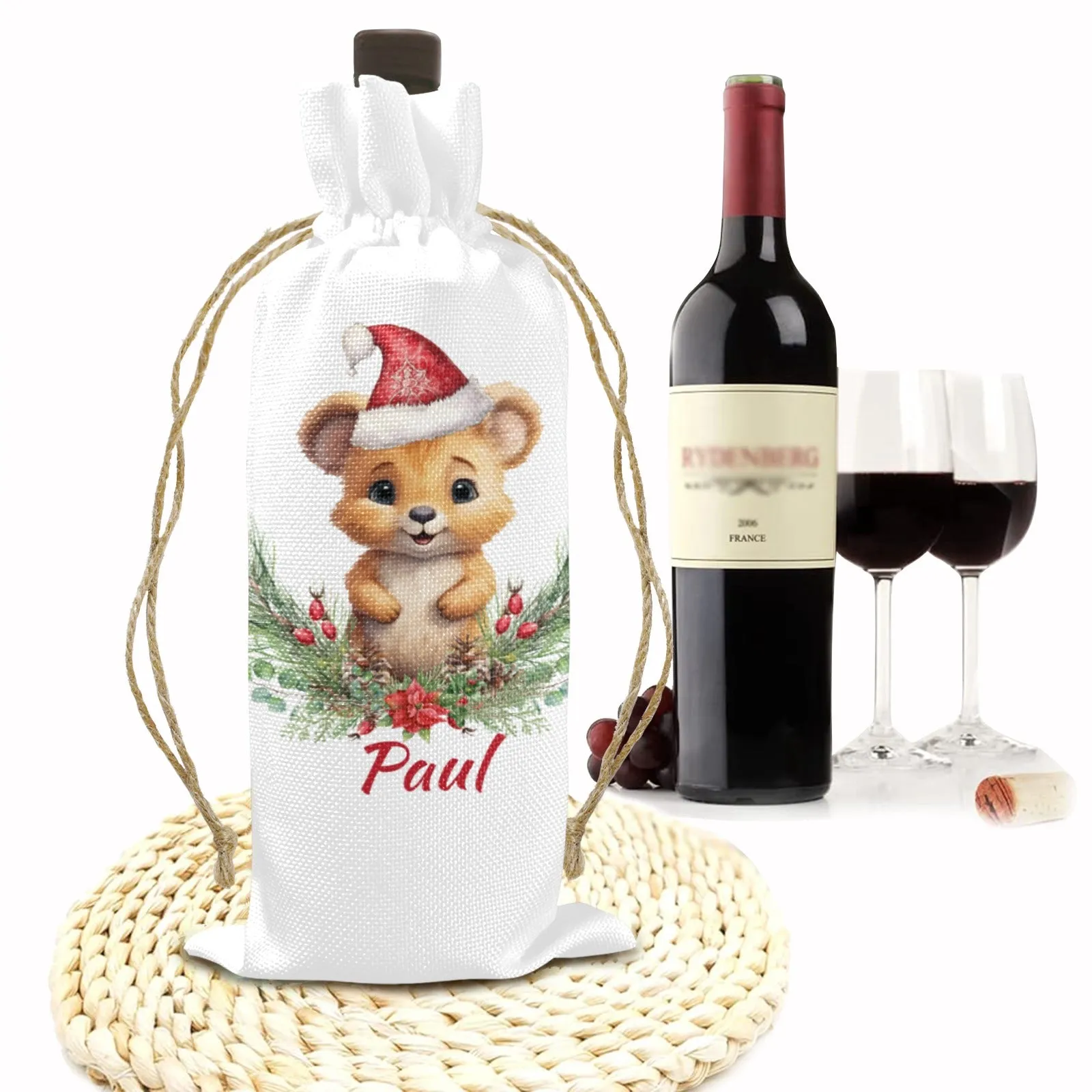 Australian Animals Poinsettia Linen Wine Bottle Bag