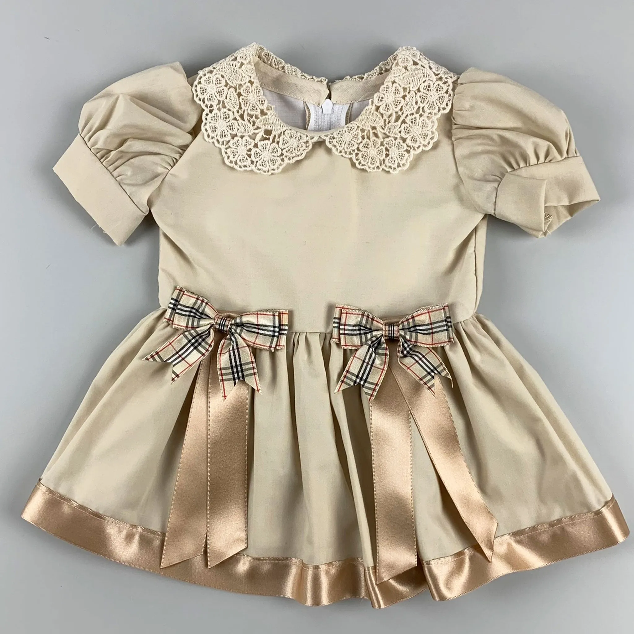 Baby Girls Beige  Dress with Tartan bows