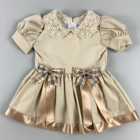 Baby Girls Beige  Dress with Tartan bows