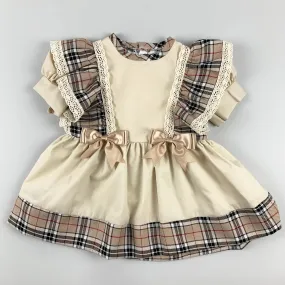 Baby Girls Beige Tartan Dress with 2 Gold bows