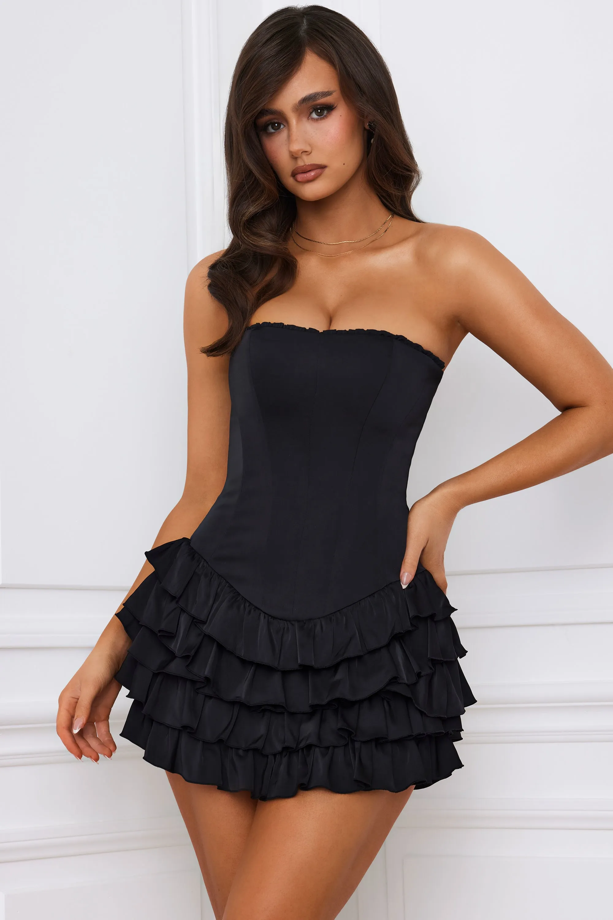 Bandeau Ruffled Tiered Corset Mini Dress in Black