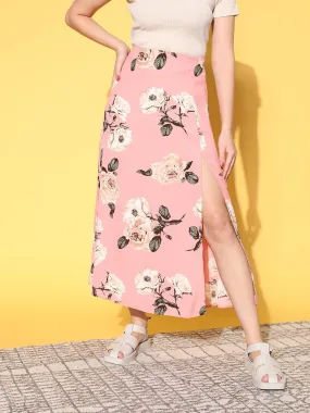 Berrylush Women Pink & White Floral Printed High-Rise Waist Side-Slit Flared A-Line Midi Skirt