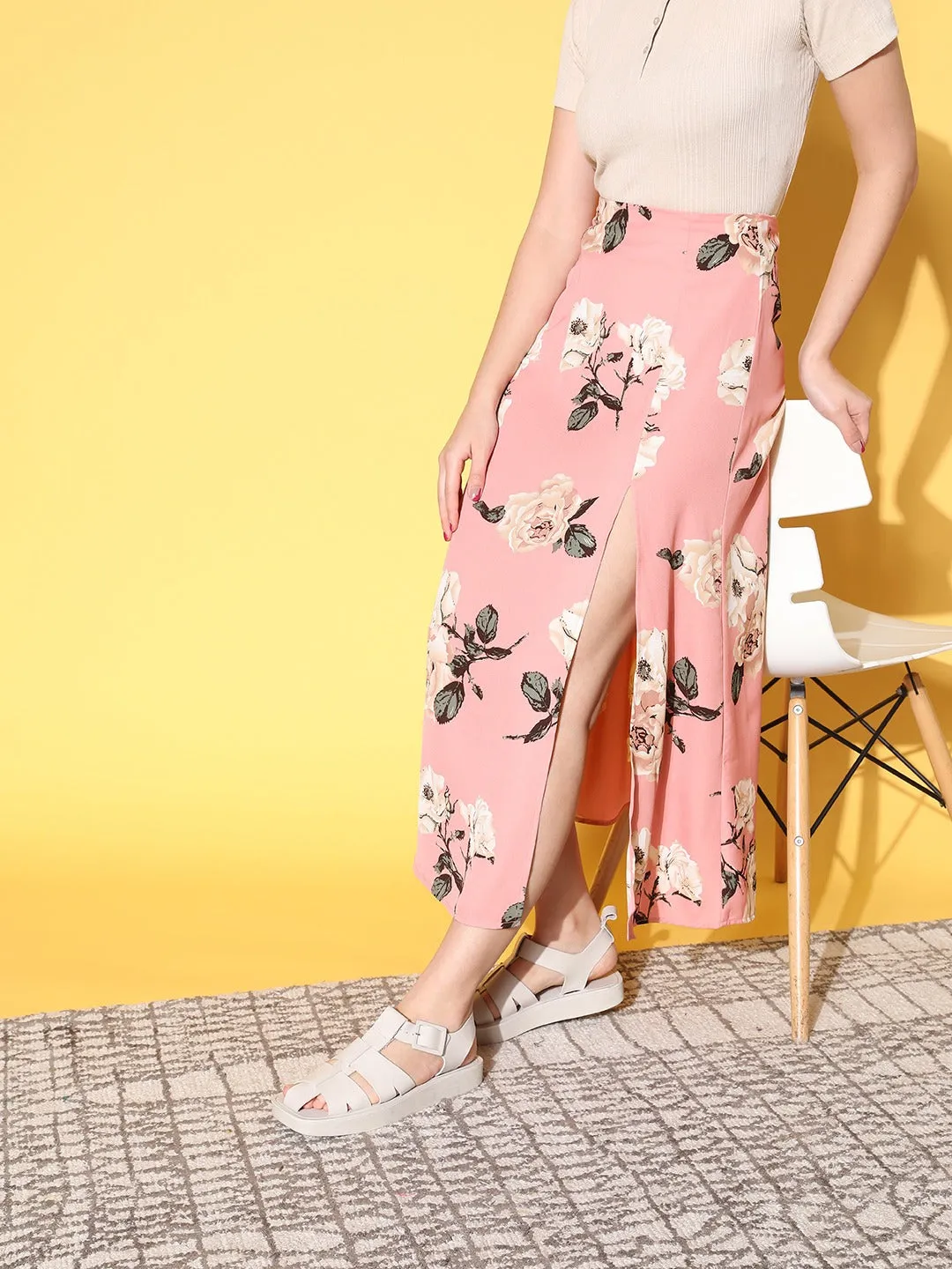 Berrylush Women Pink & White Floral Printed High-Rise Waist Side-Slit Flared A-Line Midi Skirt