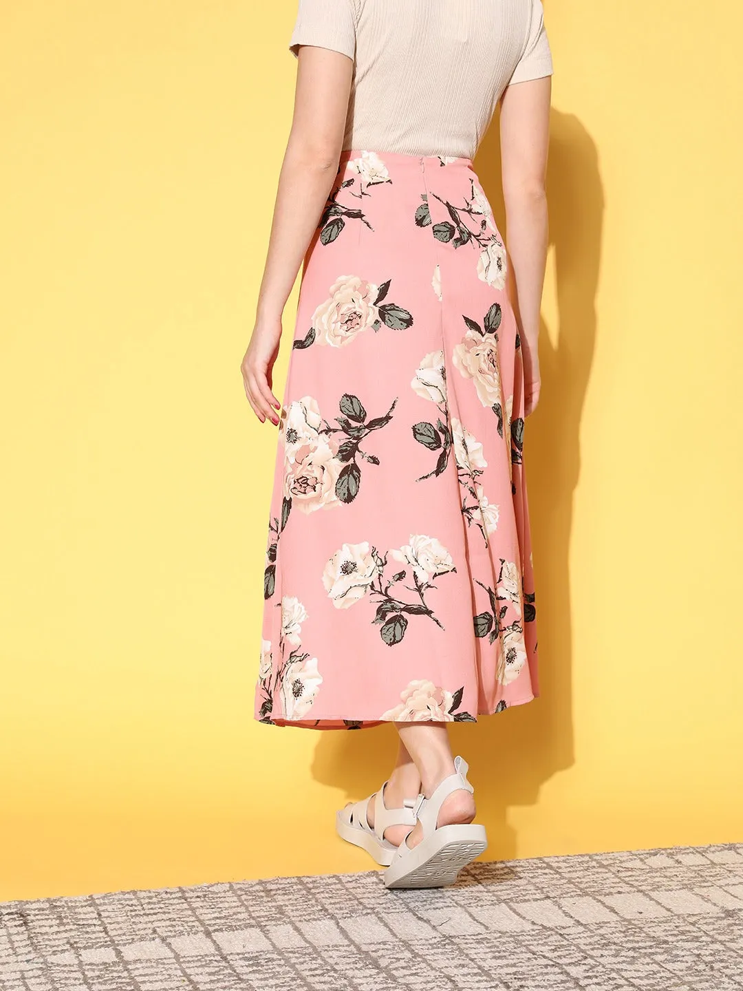 Berrylush Women Pink & White Floral Printed High-Rise Waist Side-Slit Flared A-Line Midi Skirt