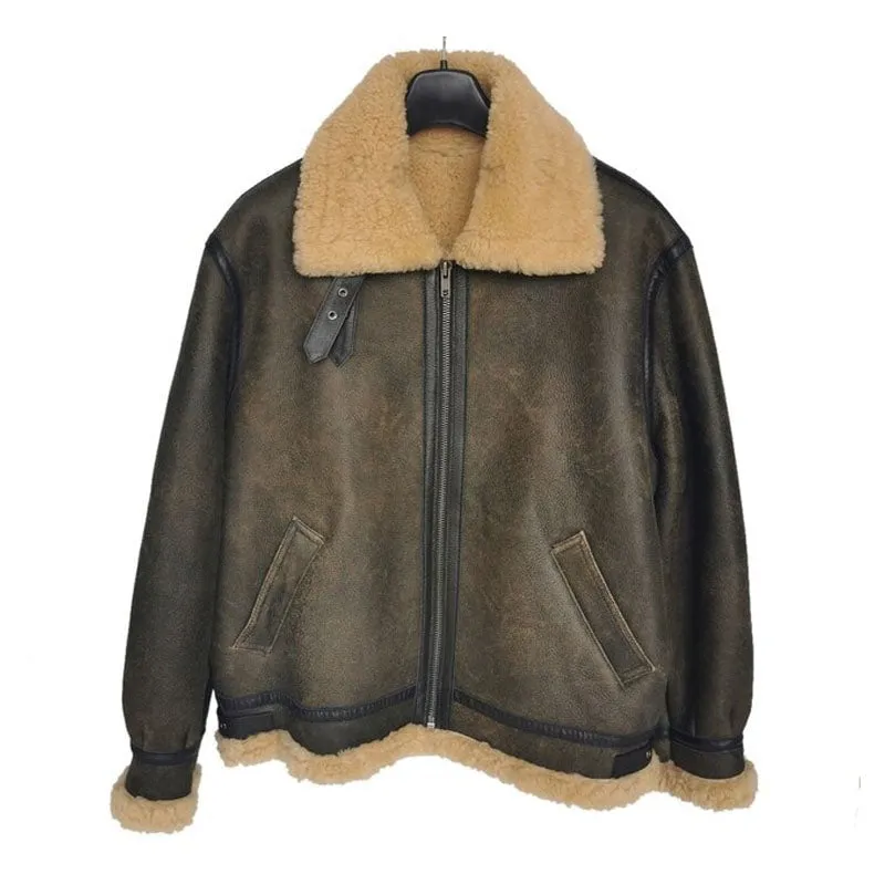 Best Winter Thick Brown Cracking Leather Shearling Coat Men