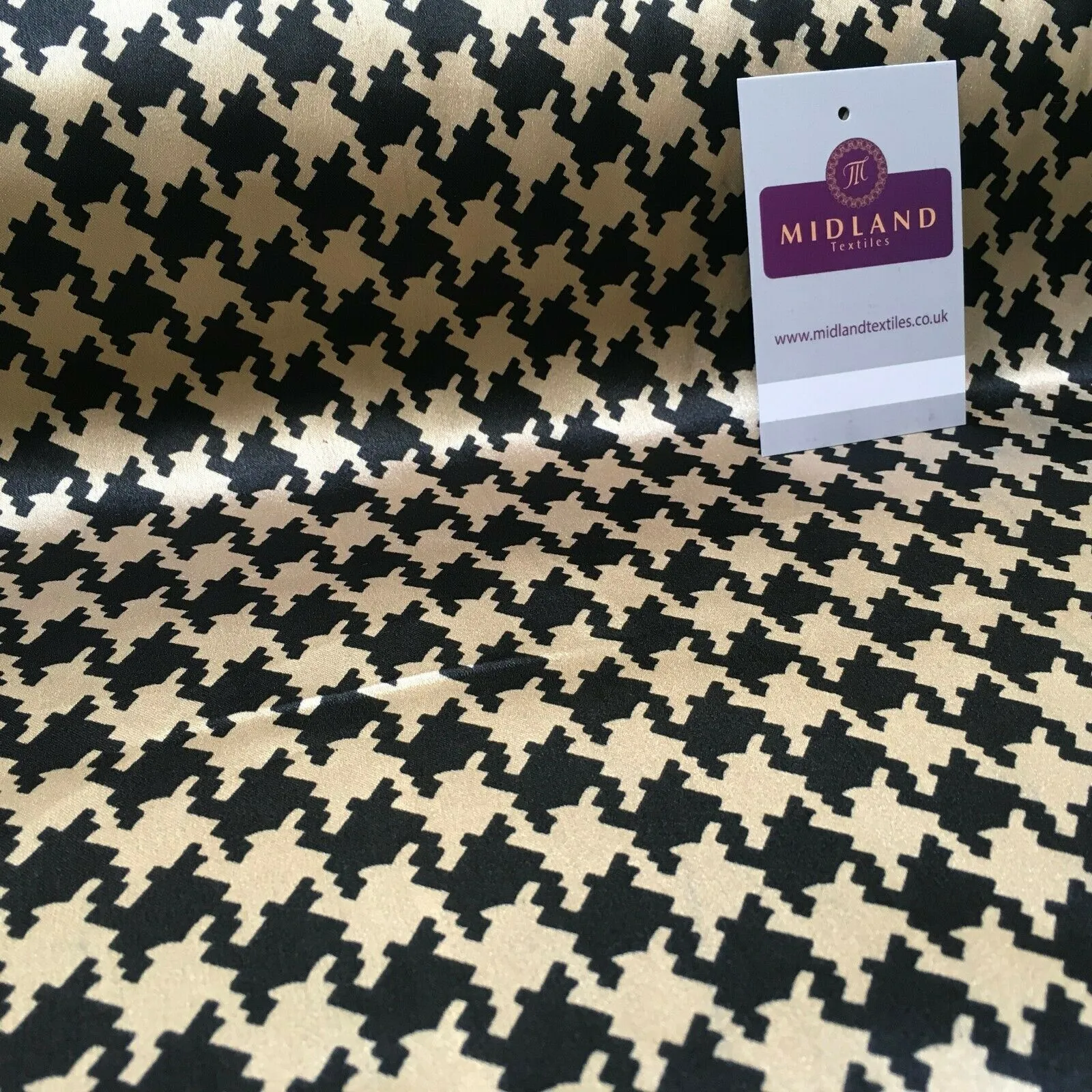 Black and Gold Dogtooth Printed Silky Satin Dress Fabric 150cm Wide MR1044-1