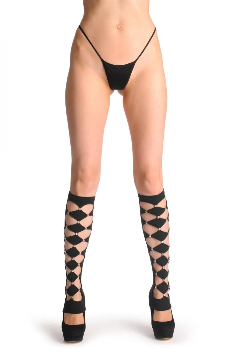 Black Cut Out Leg Warmers With Studs