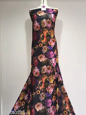 Black Floral Print Royal Micro Satin Fabric 58"  M145-24