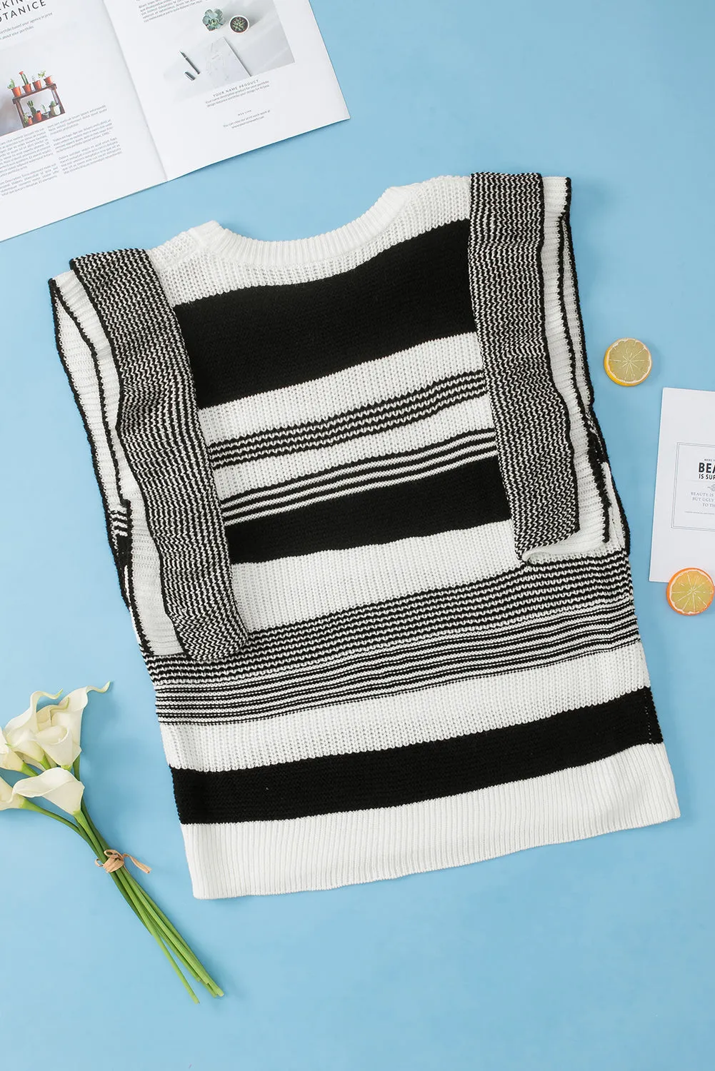 Black Plus Size Mixed Striped Print Ruffled Sweater Vest