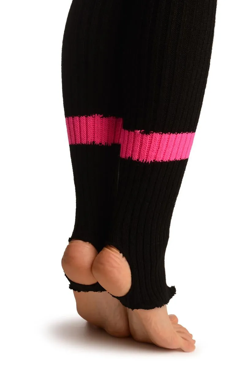 Black With Pink Referee Stripes Stirrup Dance/Ballet Leg Warmers