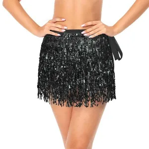 Black Wrap Around Sequin Fringe Skirt