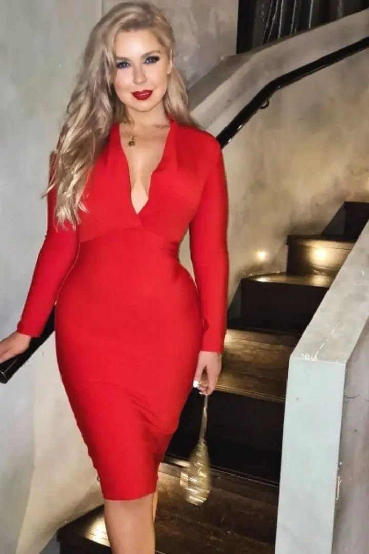 Blaire Long Sleeve Bandage Dress - Lipstick Red