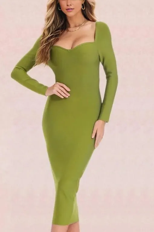 Blanche Long Sleeve Bandage Midi Dress - Olive Green