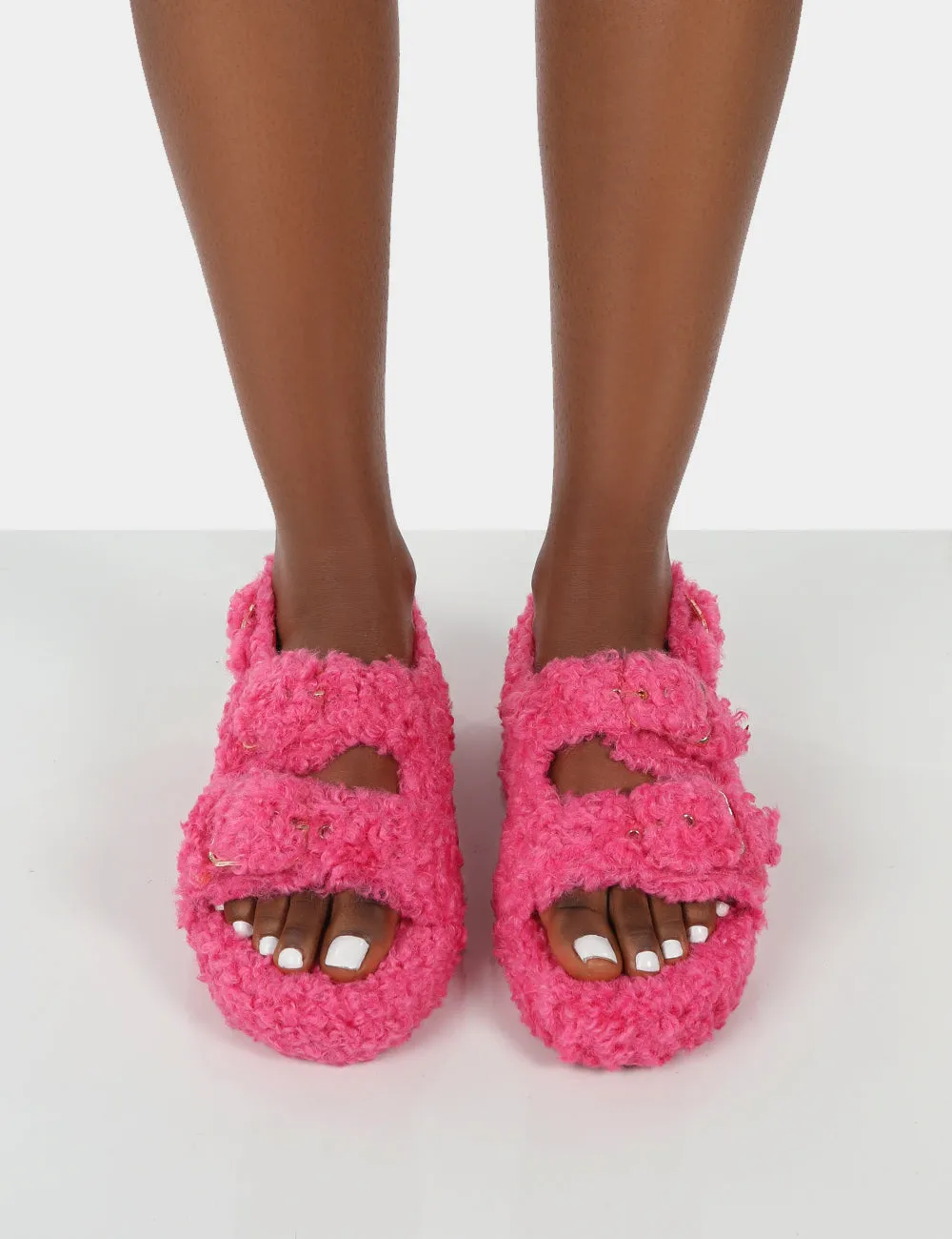 Bliss Fuchsia Borg Fluffy Faux Fur Buckled Grandad Sandals