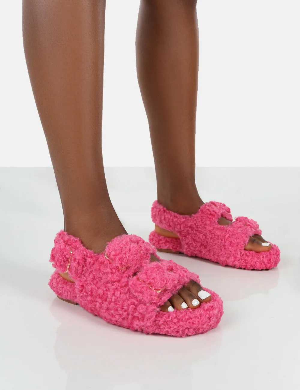 Bliss Fuchsia Borg Fluffy Faux Fur Buckled Grandad Sandals