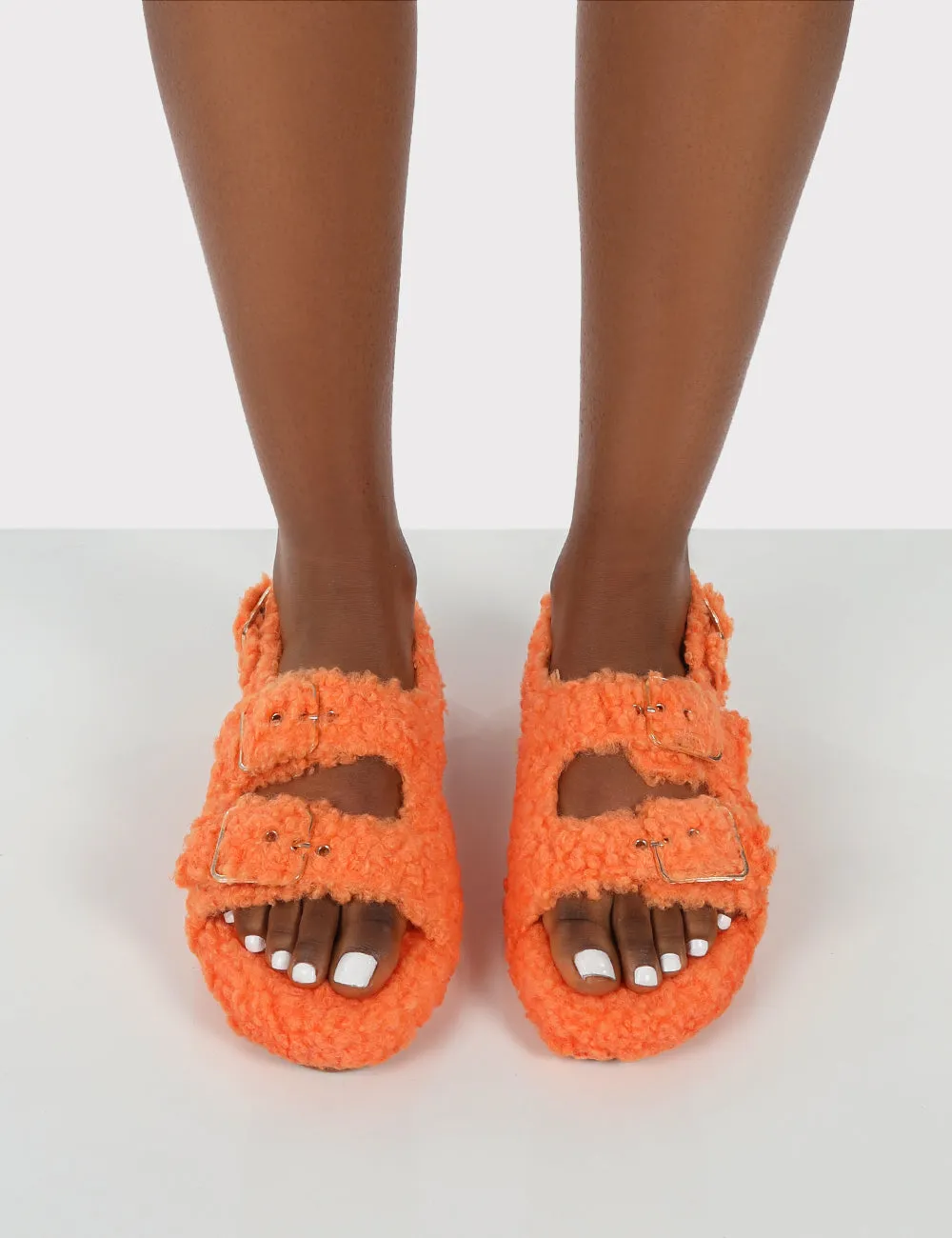 Bliss Orange Borg Fluffy Faux Fur Buckled Flat Grandad Sandals