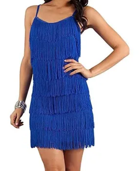 Blue Color Women's Short All-over Fringe Flapper Dress