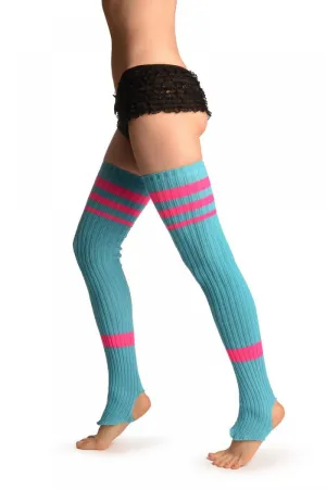 Blue With Pink Referee Stripes Stirrup Dance/Ballet Leg Warmers