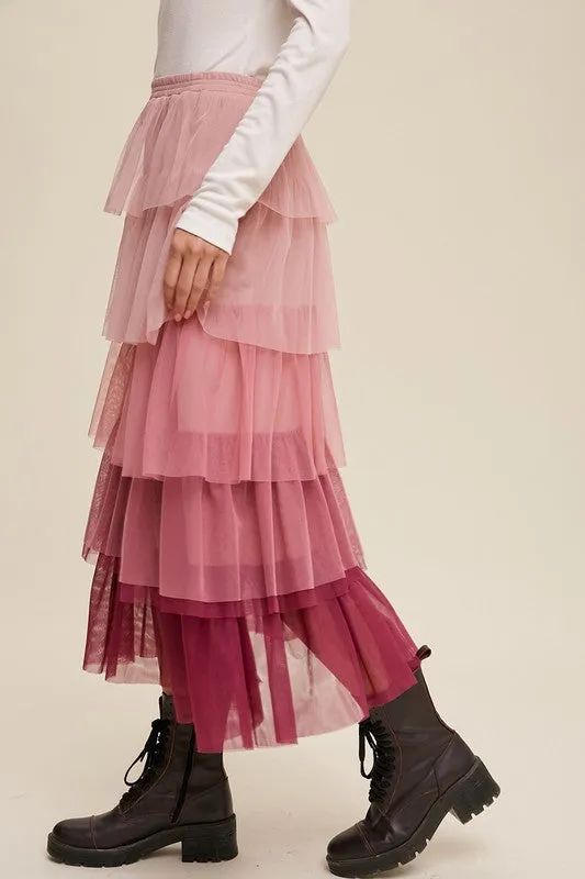 Bohemian Gradient Style Tiered Mesh Maxi Skirt