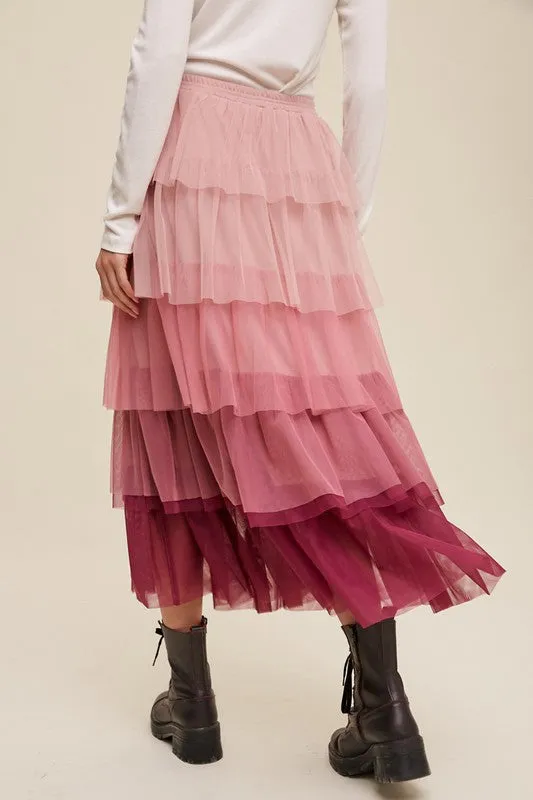 Bohemian Gradient Style Tiered Mesh Maxi Skirt