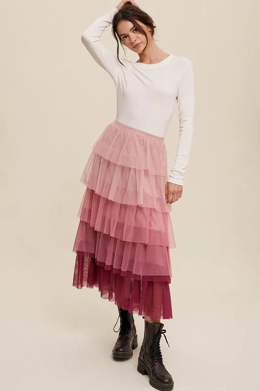 Bohemian Gradient Style Tiered Mesh Maxi Skirt